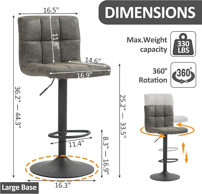 Finnhomy Bar Stools Set of 2 Counter Height, Swivel Barstools with Footrest and L Shape Thicken Cushion Back, Height Adjustable Modern Bar Chairs, Vintage Leather, Retro Grey
