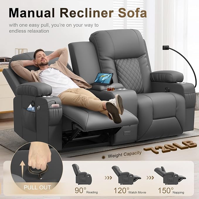YONISEE Large Loveseat Recliner, Loveseat Recliner Sofa with Storage Console, Recliner Chair with USB Ports, 2 Cell Phone Holders, Cup Holder, Loveseat Couch for Living Room (Dark Gray)