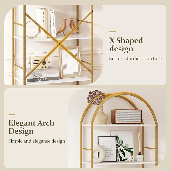5 Tier Bookshelf Gold, 66.14 Inches Tall Arched Bookcase, Wide Storage Bookshelves with 4 Hooks, Stand Display Shelf for Living Room, Home Office, White and Gold