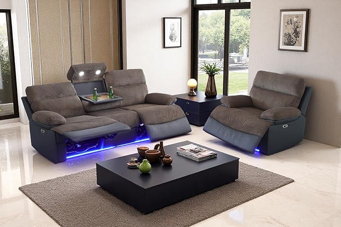 A Ainehome Power Recliner Sofa and Chair with USB Port, Living Room Furniture Sets, Corduroy Sofa Reclining Sectional Couches for Living Room with LED Light/Storage Console/Cup Holders
