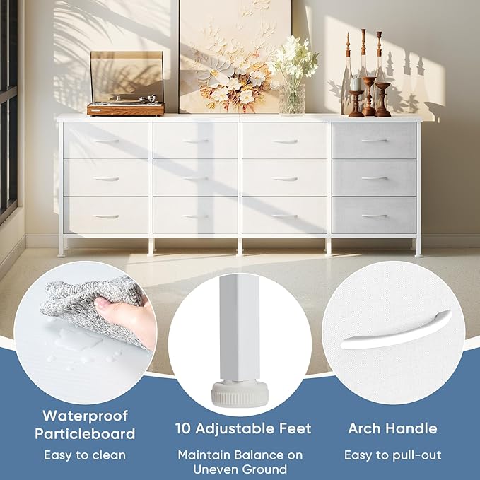 DUMOS TV Stand for Bedroom with Storage TV Stands for Living Room White, 12 Drawer Dresser Farmhouse Entertainment Center for up to 80 Inch TVs, Media Console Table with Metal Frame Adjustable Feet