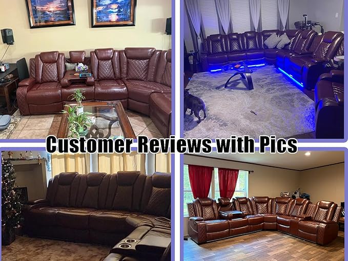Leather Sectional 3-Piece Living Room Furniture Sets with LED Light, Power Recliner Sectional Sofa, Brown Power Reclining Sofa Couches Set with Cup Holder/Storage Console for Home Theater