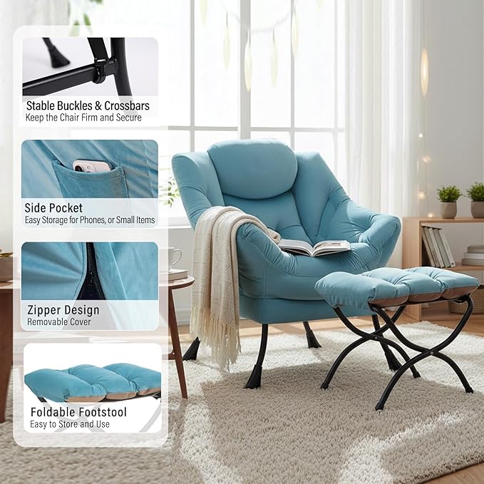 Lazy Chair with Ottoman, Modern Chair with Folding Footrest, Velvet Light Blue Accent Chair, Comfortable Reading Chair, Oversized Armchairs for Bedroom, Study, Living Room, Courtyard