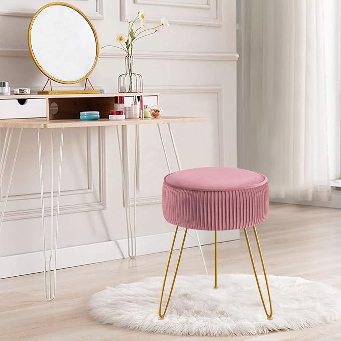 GERANT Multi-Functional Velvet Round Ottoman Footrest with Metal Legs - Modern Offices & Makeup Room Stool, Light Pink