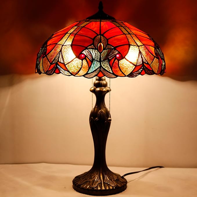 WERFACTORY Tiffany Table Lamp Red Liaison Stained Glass Style Bedside Lamp 16X16X24 Inches Antique Desk Reading Light Metal Base Decor Bedroom Living Room Home Office S160R Series