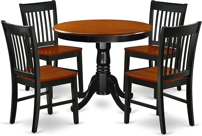East West Furniture ANNO5-BCH-W 5 Piece Dining Set Includes a Round Dining Room Table with Pedestal and 4 Wood Seat Chairs, 36x36 Inch, Black & Cherry