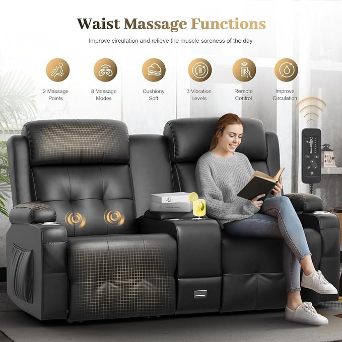 Reclining Loveseat, 1 Massage Loveseat Recliner Sofa Heavy Weight Capacity, RV Love Seat Clearance with Console, USB, Type C Port, Storage, Cup Holders, 2 Single Power Recliner Chairs Heat & Massage
