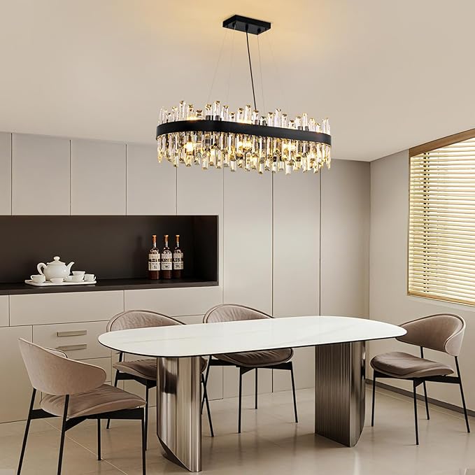 CROSSIO Modern Black Crystal Chandelier, 16-Light Rectangular 2-Tiers K9 Crystal Raindrop Chandelier, Luxury Flush Mount Hanging Ceiling Light for Dining Room Living Room Kitchen Island L35.4''