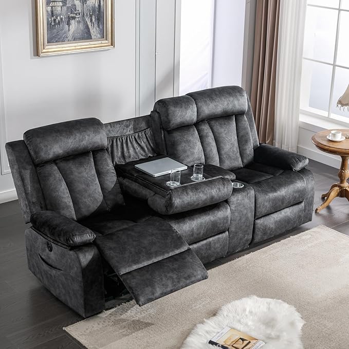 GUEAPY Power Reclining Sofa with Massage & Heat, 3 Seater Power Recliner Sofa Couch with USB & Type-C Ports, Center Console, Cup Holders & Storage for Living Room & Home Theater RV (Charcoal Grey)
