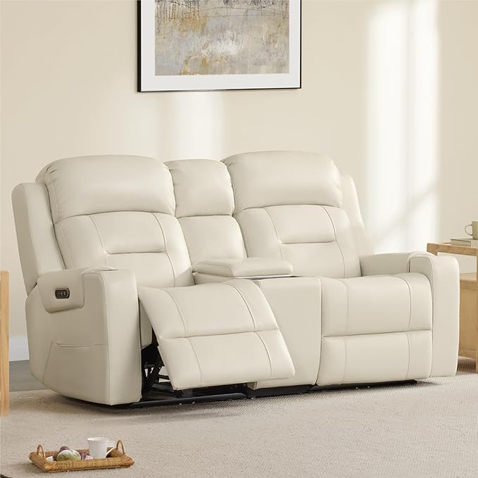Watson & Whitely Genuine Leather Power Loveseat Recliner Sofa, Lay Flat Reclining Sofa with Console, Power Headrest, Cup Holders & Wireless Charging, Dual Recliner for Living Room, Cream