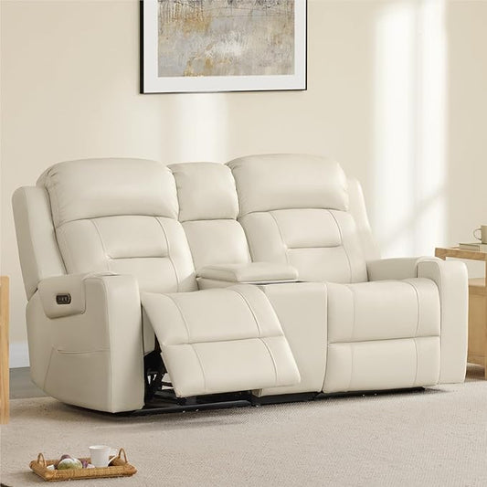 Watson & Whitely Genuine Leather Power Loveseat Recliner Sofa, Lay Flat Reclining Sofa with Console, Power Headrest, Cup Holders & Wireless Charging, Dual Recliner for Living Room, Cream