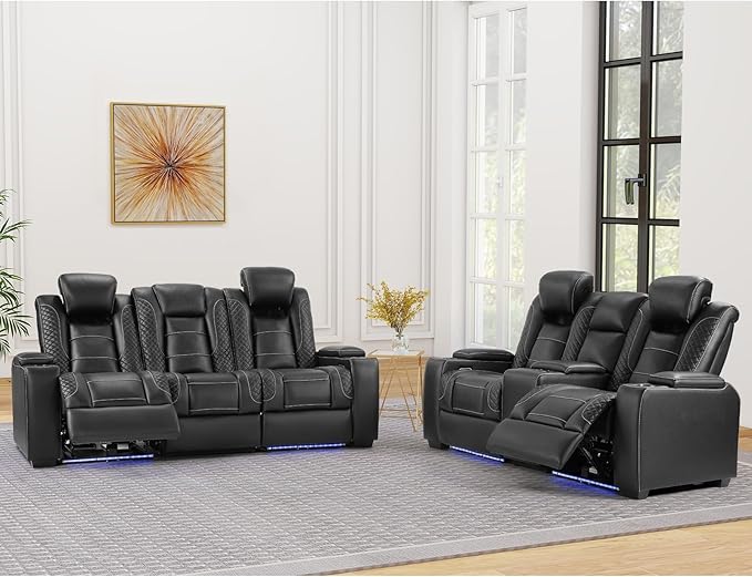 ANJ Modular Power Recliner Set: 5-Seat Home Theater Seating,3 Seat Recline Sofa and Loveseat (Center Console & Fixed Middle), LED Lights, USB Charging, Faux Leather for Living Room (Black)