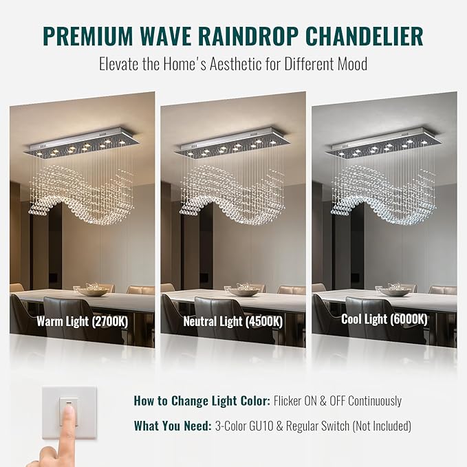 Siljoy 10 Lights Rectangle Wave Raindrop Crystal Chandelier Modern Rectangular Flush Mount Crystal Ceiling Light for Dining Room Living Room Kitchen Island L40'' x W11.8'' x H35.4''