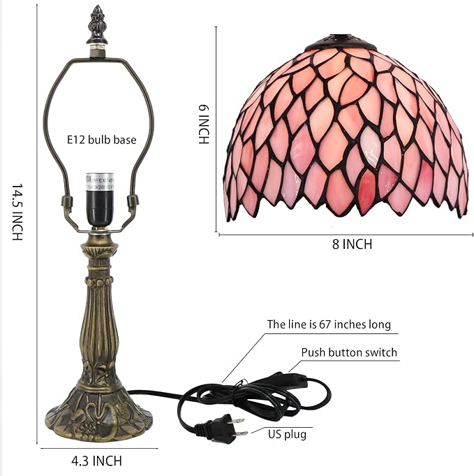 Small Tiffany Lamp Mini Accent Table Lamp Stained Glass Desk Memory Lamp Sympathy 8X14.5 Inch (Pink Wisteria)