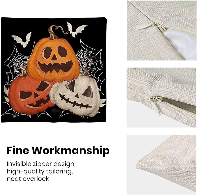 BETGINY Halloween Pillow Covers 18 x 18 Inch Pack of 2, Black Pumpkin Bat Spider Web Decorative Throw Pillow Covers Vintage Linen Farmhouse Outdoor Halloween Pillowcase for Bedroom Home Sofa Decor