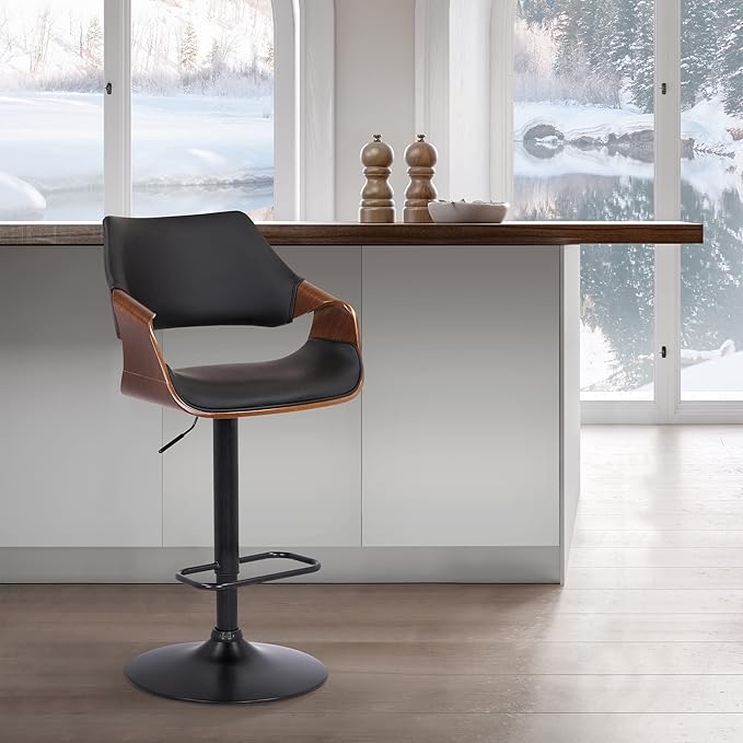 Armen Living Aspen Modern Adjustable Height Swivel Black Faux Leather and Walnut Wood Bar Stool with Black Base for Kitchen Island Counter
