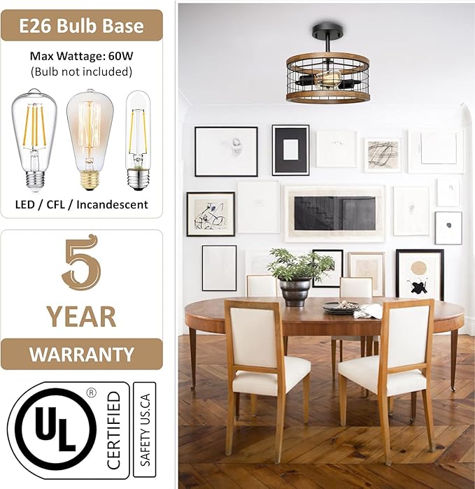2-Light Farmhouse Semi Flush Mount Ceiling Light Fixture, Rustic Drum Wood Ceiling Lamp for Hallway Kitchen Entryway Foyer Bedroom Laundry Room, Nature Wood Texture and Black Metal Fence Finish
