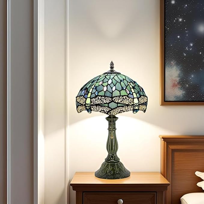 Tiffany Lamp Stained Glass Table Lamps Sea Blue Dragonfly Style Desk Lamp 12X12X18.5 Inch Bronze Ceramic Base Reading Light Suitable for Bedside Bedroom Living Room Dining Room Office