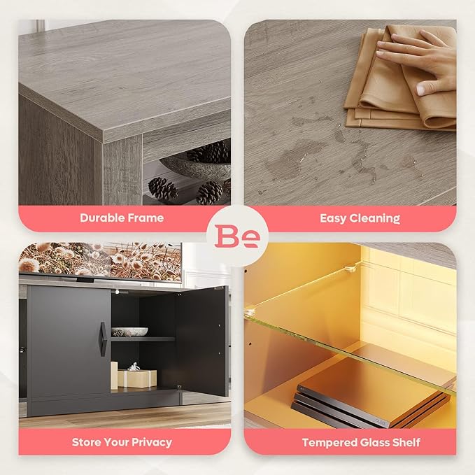Bestier 70 Inch Led TV Stand for 75 Inch TV Large Entertainment Center Gaming with Adjustable Glass Shelves Two Cabinets Modern TV Console for Living Room 22 RGB Modes, Wash Gray