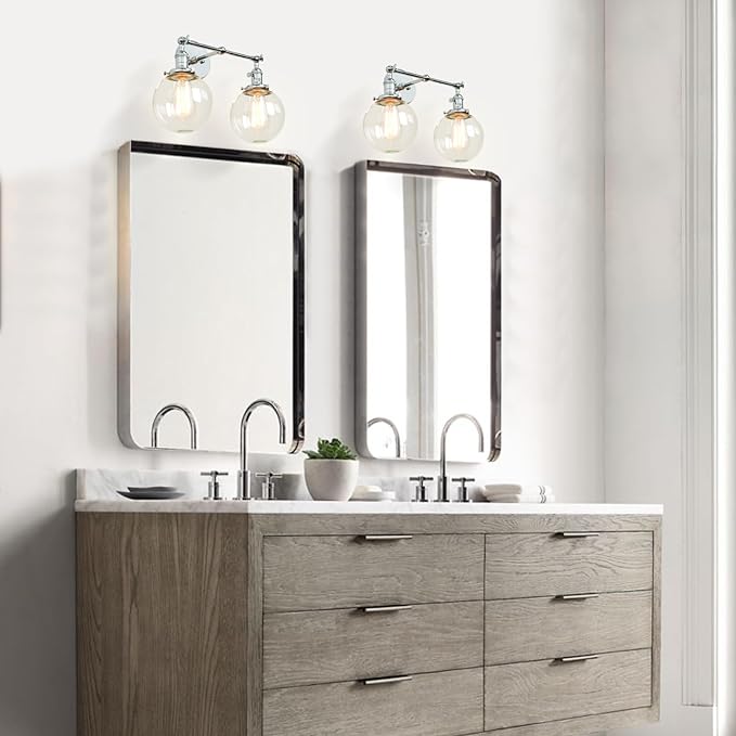 PERMO Double Sconce Vintage Industrial Antique 2-Lights Wall Sconces with Dual Mini 5.9" Round Clear Glass Globe Shade (Chrome)