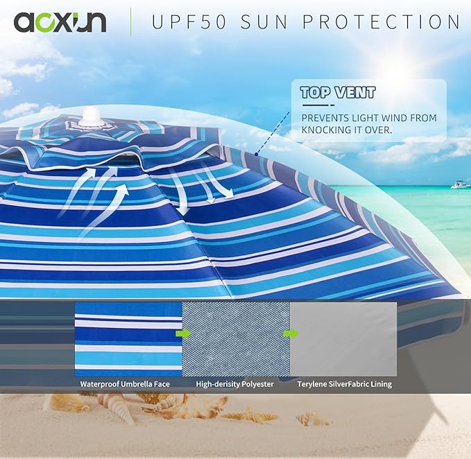 Aoxun 8 FT Beach Umbrella with Tilt Pole, Portable Sand Anchor and Carry Bag, UPF 50+ Sun Shelter Air Vents Design for Outdoor (Navy Blue & White)