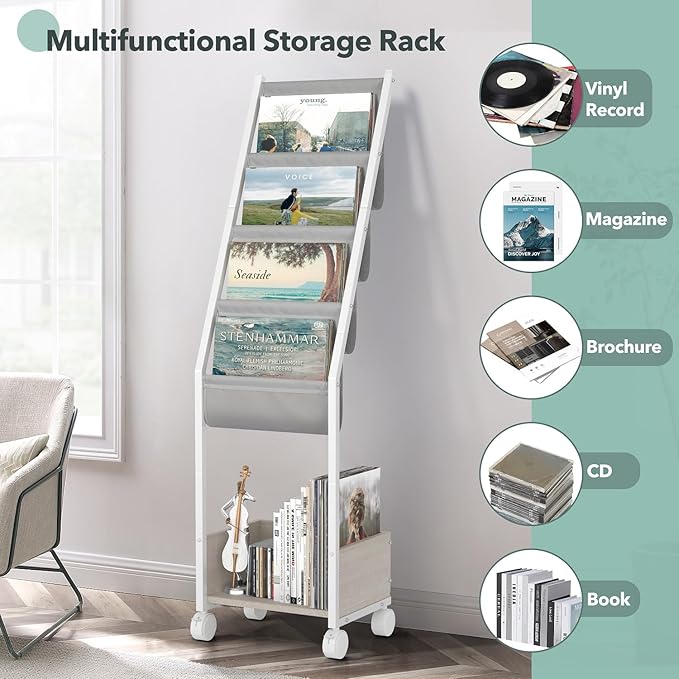 Keebofly Vinyl Record Storage, Record Holder Up to 100 Albums, Record Stand with 4 Tier Holder Display Shelf, Movable Vinyl Storage Organizer Rack, Record Cabinet for Book Magazine (White)