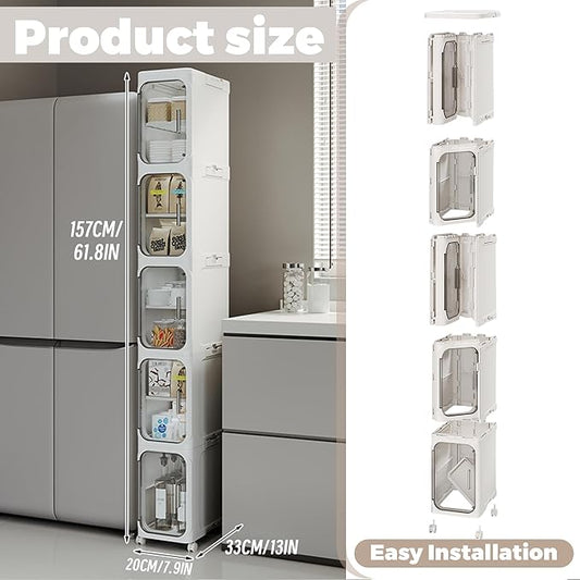5-Tier Tall Narrow Storage Cabinet with Transparent Doors and Shelves,Plastic Slim Bathroom Organizer, Foldable Storage Cabinet for Small Space, Bathroom, Kitchen