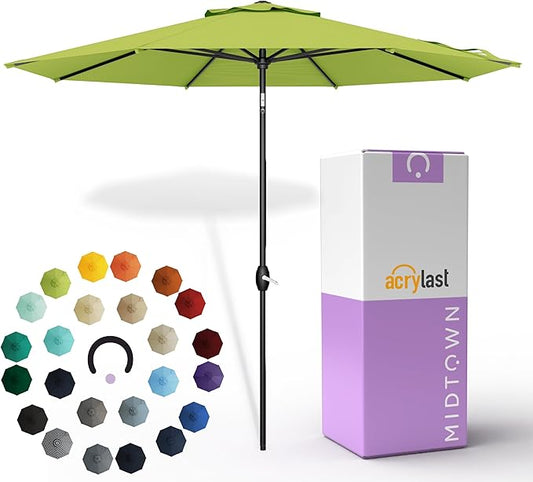 Midtown Umbrellas – The Lean 9 Ft Patio Umbrella with 10-Year-No-Fade Acrylast Acrylic Fabric, Auto-Tilt and 8 Reinforced Ribs for Deck, Pool, Garden, Hotel & Cafes – Green Tropic Canopy, Black Pole