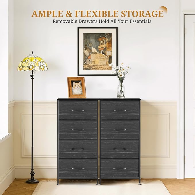 Nightstand with 4 Fabric Drawers, 37.4" H Tall Narrow Bedside Table with Wooden Top Steel Frame for Bedroom, Dorm, Closet, Living Room, Charcoal Black