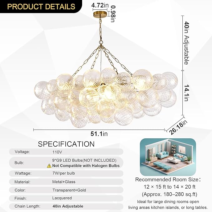 51" Large Gold Bubble Chandelier, 9-Light Modern Hand Blown Glass Chandelier Light Fixture, Rectangle Chandeliers for Dining Room Living Room Kitchen Island Foyer Entryway(Brush Brass Finish)