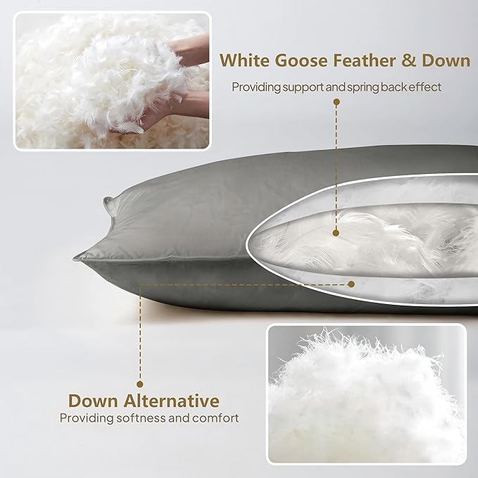 Goose Feather Down Pillows Standard Size Set of 2, Ultra Soft 100% Organic Cotton Fabric 700TC, 900 Fill Power Luxury Hotel Collection Bed Gusseted Pillows 2 Pack for Back, Stomach or Side Sleepers