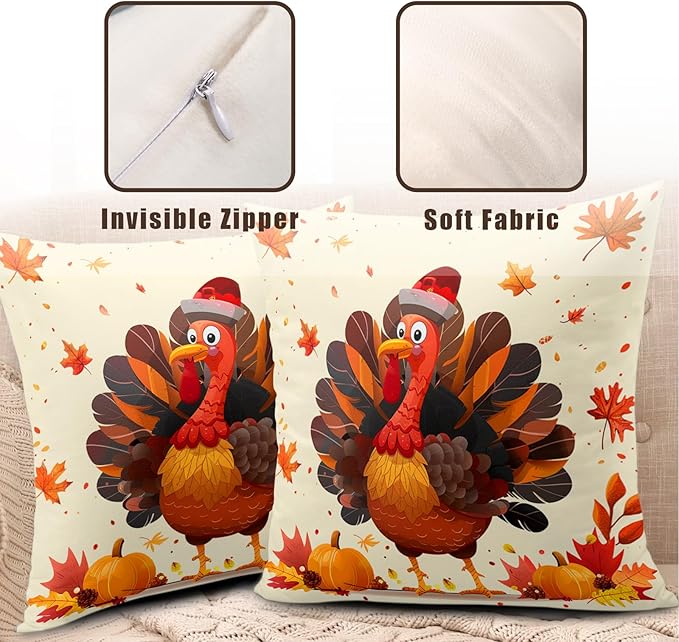 Happy Thanksgiving Throw Pillow Covers Pillow Covers 16x16 Set of 2 Fall Orange Turkey Maple Leaf Pumpkin Decorative Throw Pillows Thanksgiving Day Outdoor Cushion Cases for Home Party Sofa