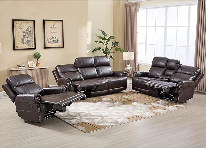 EBELLO Faux Leather Electric Reclining Sofa Set, Power Recliner Six Seats Sofa Set, a Chair, Loveseat and 3-Seat Sofa with Charging Ports, Vintage Rivet Design for Living Room, Meeting Room, Brown
