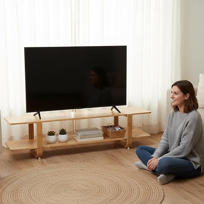 Welnow Bamboo TV Stand for Up to 65 Inch, Mid Century Modern Entertainment Center with 2-Tier Open Shelves, Storage Media Console Table for Living Room, Bedroom, Natural