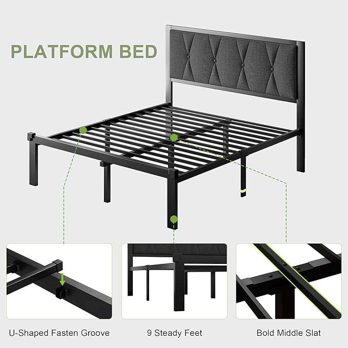 Feonase Queen Metal Bed Frame with Fabric Button Tufted Headboard, Platform Bed with Heavy Duty Metal Slats, 12 Inch Storage Space, Noise Free, No Box Spring Needed, Dark Grey