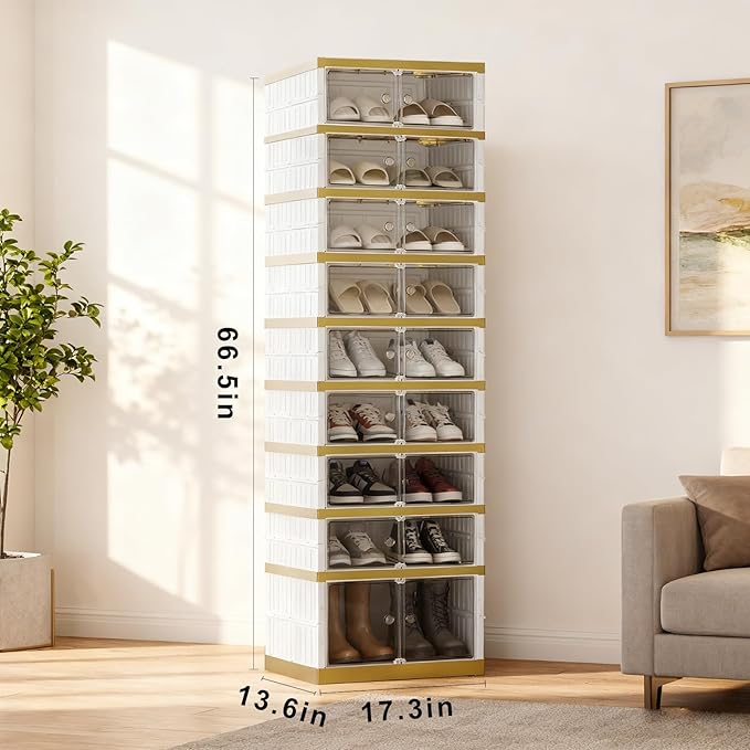 Foldable Shoe Rack Organizer Folding Shoe Boxes, 9 Tier 18 Pairs Storage Shoe Cabinet Collapsible Shoe Rack with Magnetic Clear Door Easy Assembly Shoe Cabinet with Wheels, White Gold
