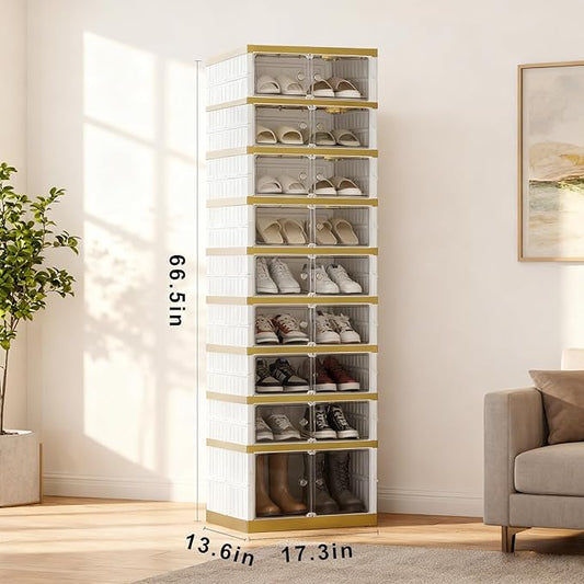 Foldable Shoe Rack Organizer Folding Shoe Boxes, 9 Tier 18 Pairs Storage Shoe Cabinet Collapsible Shoe Rack with Magnetic Clear Door Easy Assembly Shoe Cabinet with Wheels, White Gold