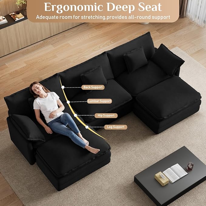 114" U Shaped Cloud Couch Sectionals Oversized Sectional Couches for Living Room Modular Couch, Large Velvet Cloud Sofa with Movable Ottoman, Black
