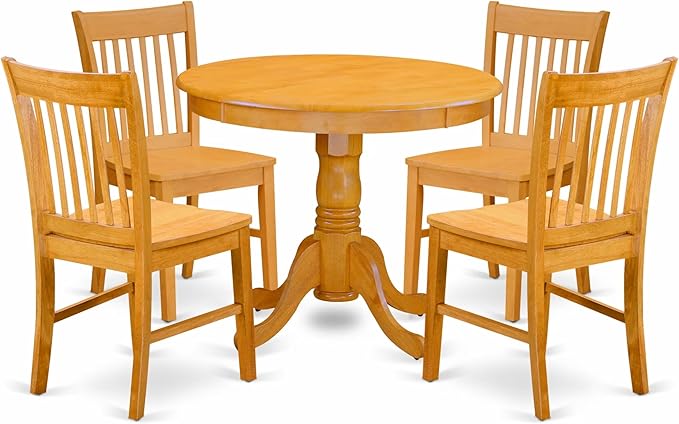 East West Furniture ANNO5-OAK-W 5 Piece Dining Room Furniture Set Includes a Round Dining Table with Pedestal and 4 Wood Seat Chairs, 36x36 Inch, Oak