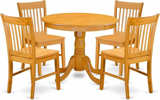 East West Furniture ANNO5-OAK-W 5 Piece Dining Room Furniture Set Includes a Round Dining Table with Pedestal and 4 Wood Seat Chairs, 36x36 Inch, Oak