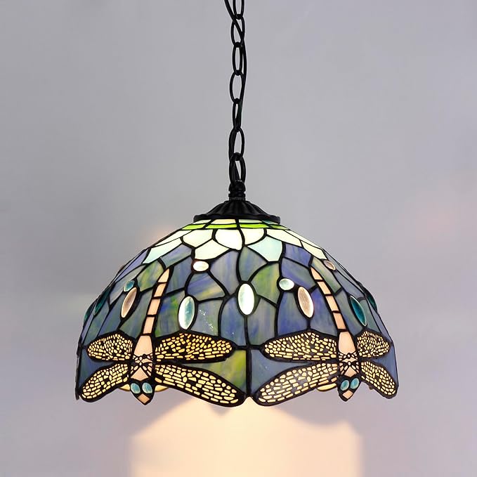 Tiffany Pendant Light Plug in Stained Glass Hanging Lamp Wide 12 Inch, Chain 33 Inch, Cord 15 Feet -Sea Blue Dragonfly