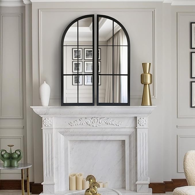 Black Arched Mirror Set of 2,Window Pane Mirror for Wall Decor,Farmhouse Wall Mounted Mirrors for Entryway,Hallway,Living Room,Fireplace.2-Pack 38"X13.4"