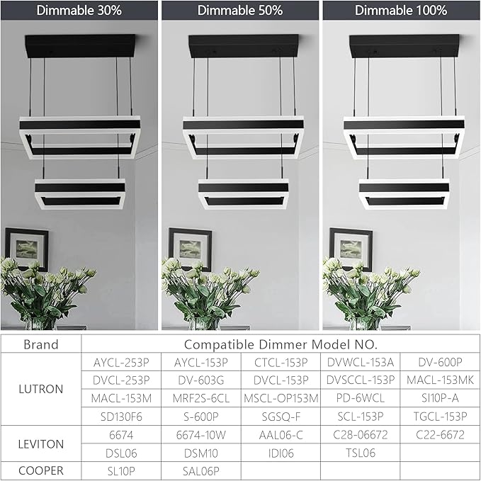 Modern Black Chandelier Foyer Ceiling Chandeliers 65W Dimmable LED Pendant Light Dining Room Light Fixture 2 Rings Square Chandelier for Kitchen Island Living Room Bedroom Hallway