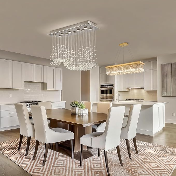 Siljoy 10 Lights Rectangle Wave Raindrop Crystal Chandelier Modern Rectangular Flush Mount Crystal Ceiling Light for Dining Room Living Room Kitchen Island L40'' x W11.8'' x H35.4''