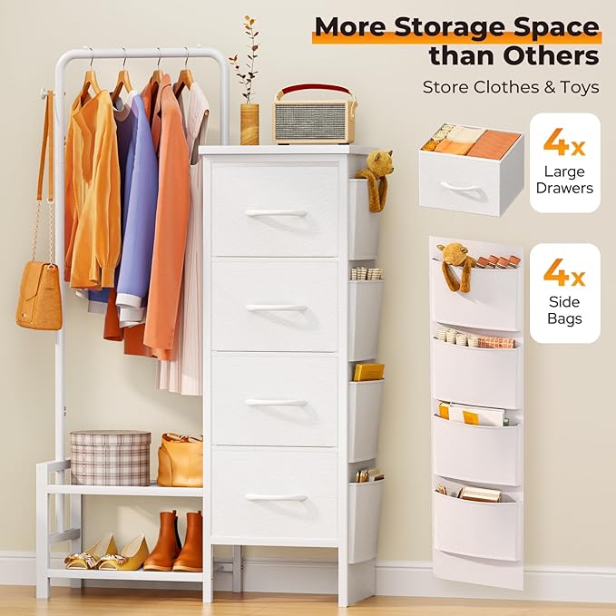 Dresser with Hanging Rack - 52" Tall Clothes Rack with Drawers, 4 Drawers & 4 Side Bags, Fabric Chest of Drawers with with Bottom Shelves, Kids Dresser for Bedroom, Living Room-White