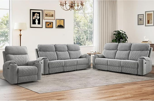 HAOMARKETS 3-Piece Power Recliner Sofa Set with Charging Port, Include Single Power Recliner Chair and 2 Electric 3-Seater Recliner Couches with Cup Holders for Living Room, Light Grey
