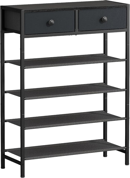 Shoe Rack, 5 Tier Shoe Organizer with 2 Drawers, Metal Shoe Storage for 16-20 Pairs of Shoes with Fabric Shelves and Wooden Top, Narrow Shoe Shelf for Closet Entryway Black Grey