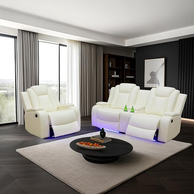 Power Leather Recliner Sofa Set with LED Light,Reclining Loveseat and Chair Set with USB,Leather Couch Set for Loveseat with Storage Console/Single Recliner 2 PCS for Living Room(White,2+1)