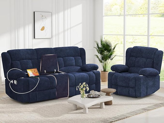 Recliner Sofa Set with 2+1 Pieces, Fabric Manual Pull Tab Reclining Loveseat with Storage Console, Single Recliner Chair for Living Room, RV, Blue