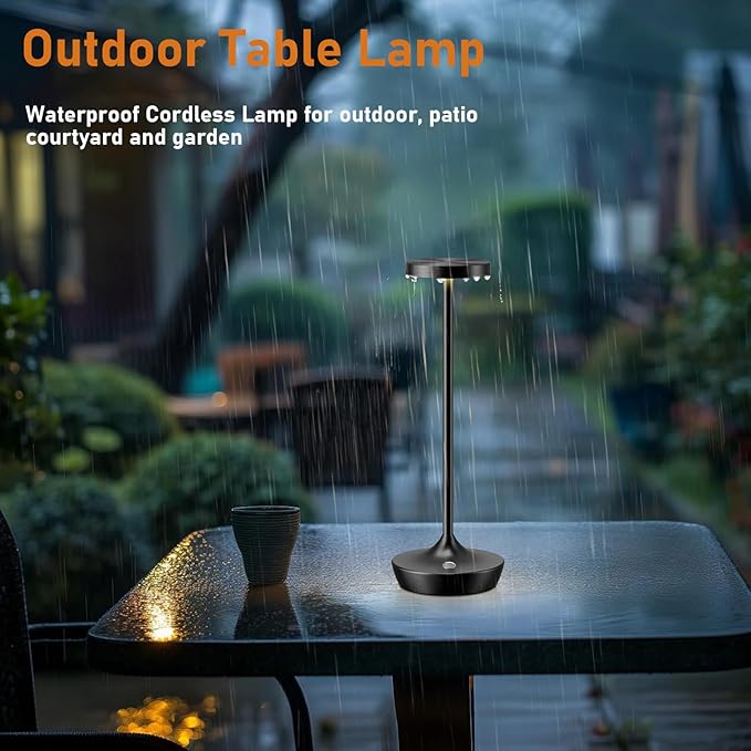 LED Cordless Table Lamp Rechargeable，Outdoor Battery Operated Desk Lamp Touch 3 Color Dimming Portable Waterproof Night Light for Patio/Restaurant/Dining/Home (Black)